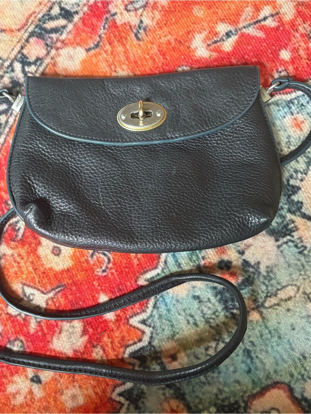 Fossil Black Pebbled Leather Crossbody Turn Lock Bag Purse Adjustable Strap